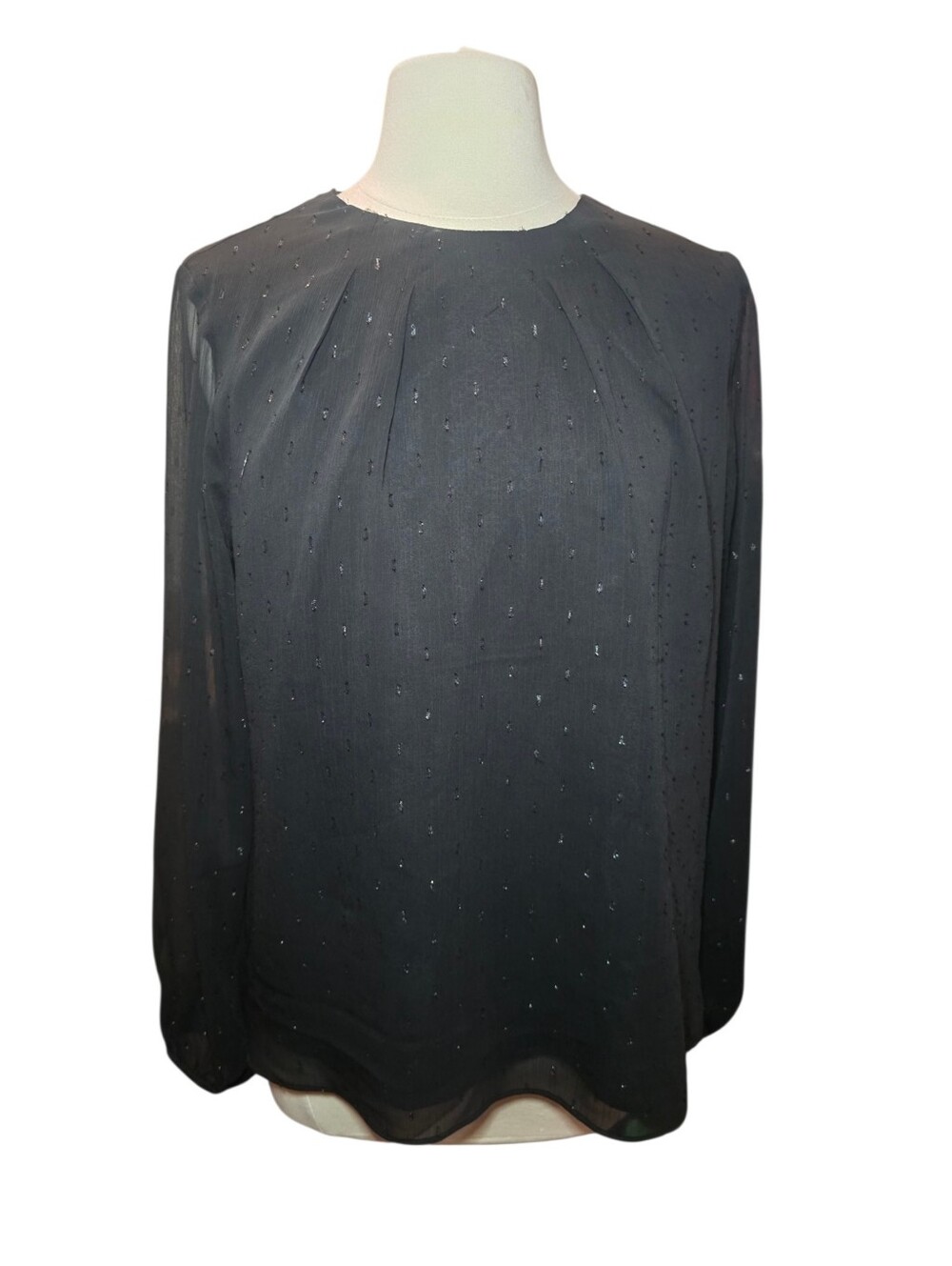 Express Metallic Dot Gathered Crew Neck Top Black Size Large